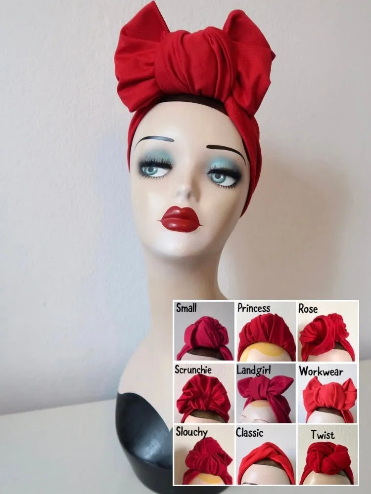 Made To Order: RED KNOT CHOICE 1940s Pre-tied Stretchy Red Turban