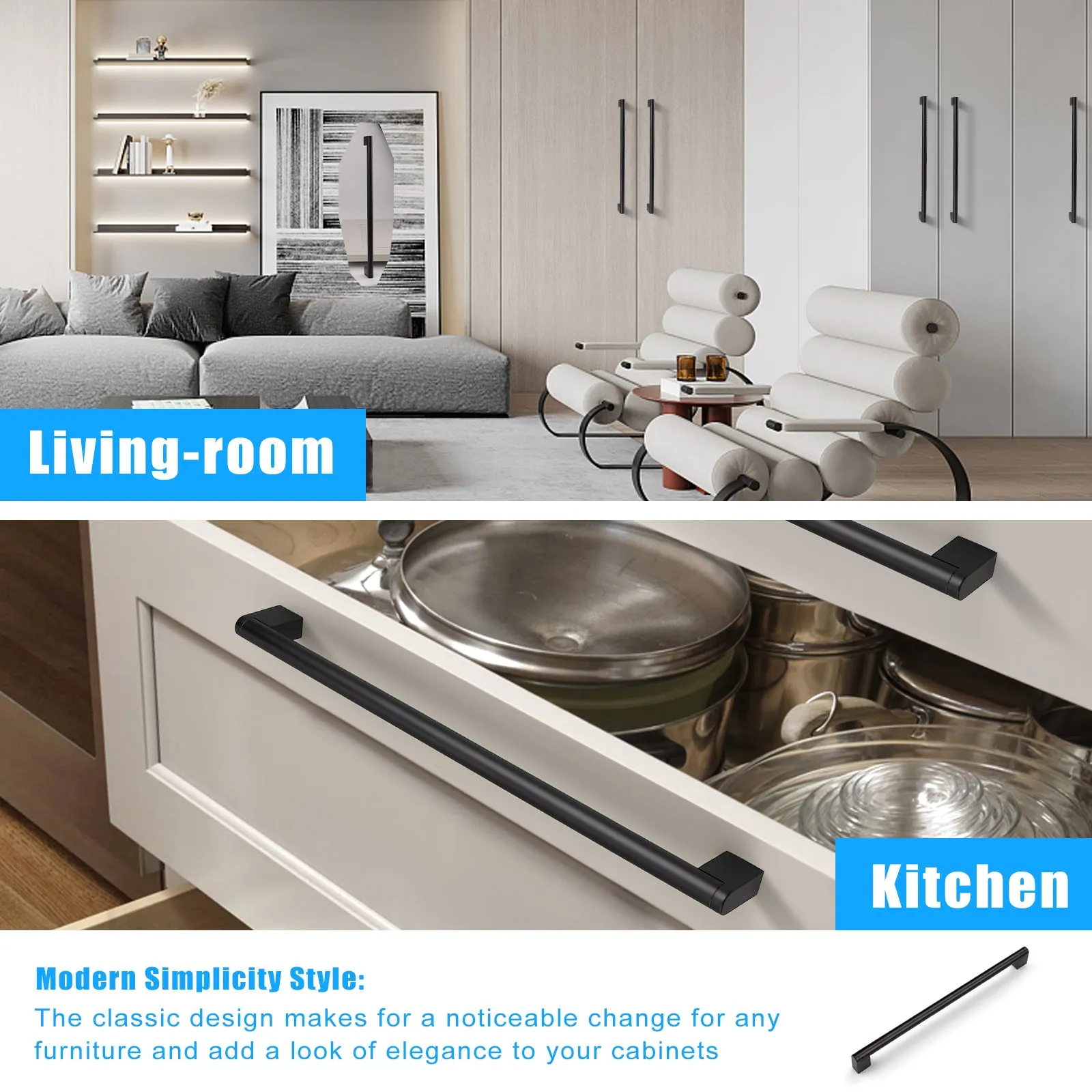 Matte Black Stainless Steel Pulls for Cabinets/Drawers (3-3/4'' - 12-3/5'') - PD214HBK