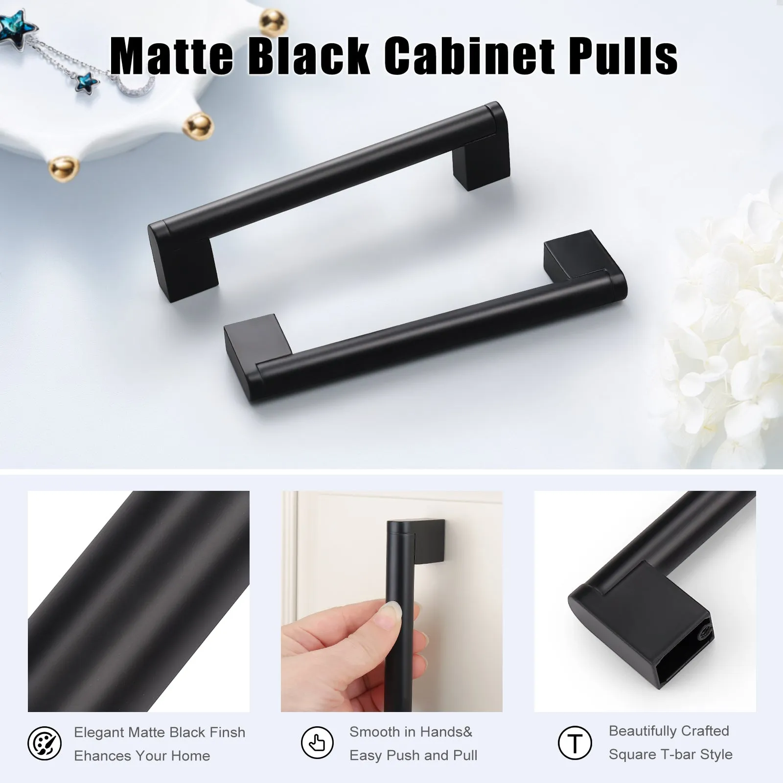 Matte Black Stainless Steel Pulls for Cabinets/Drawers (3-3/4'' - 12-3/5'') - PD214HBK