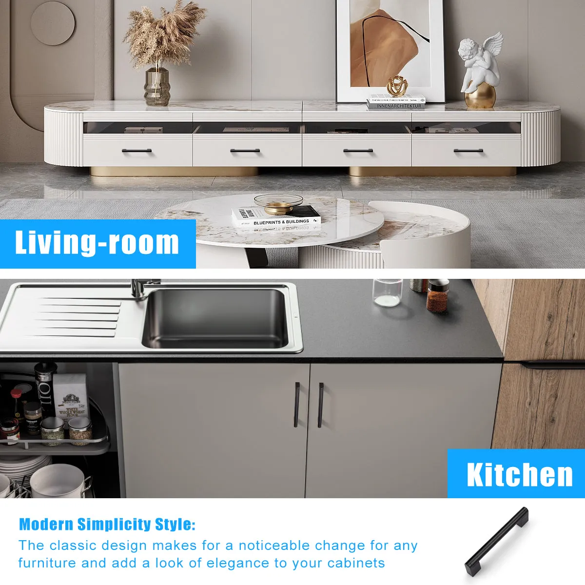 Matte Black Stainless Steel Pulls for Cabinets/Drawers (3-3/4'' - 12-3/5'') - PD214HBK