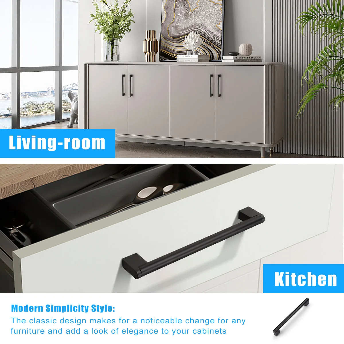 Matte Black Stainless Steel Pulls for Cabinets/Drawers (3-3/4'' - 12-3/5'') - PD214HBK