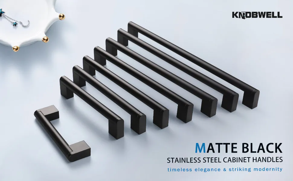 Matte Black Stainless Steel Pulls for Cabinets/Drawers (3-3/4'' - 12-3/5'') - PD214HBK