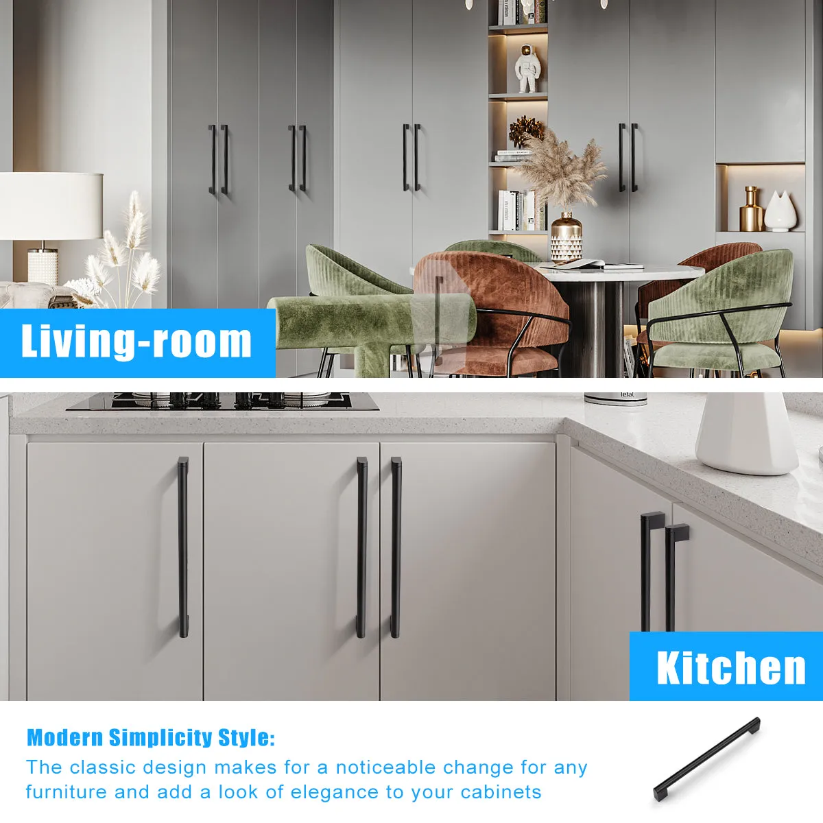 Matte Black Stainless Steel Pulls for Cabinets/Drawers (3-3/4'' - 12-3/5'') - PD214HBK