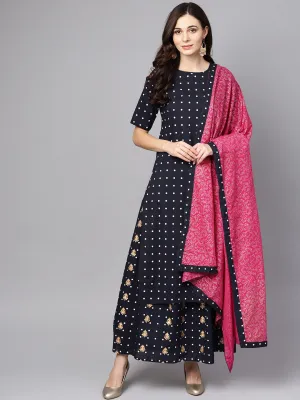 Navy Blue Three Piece Kurta Set With Palazzo & Megenta Dupatta