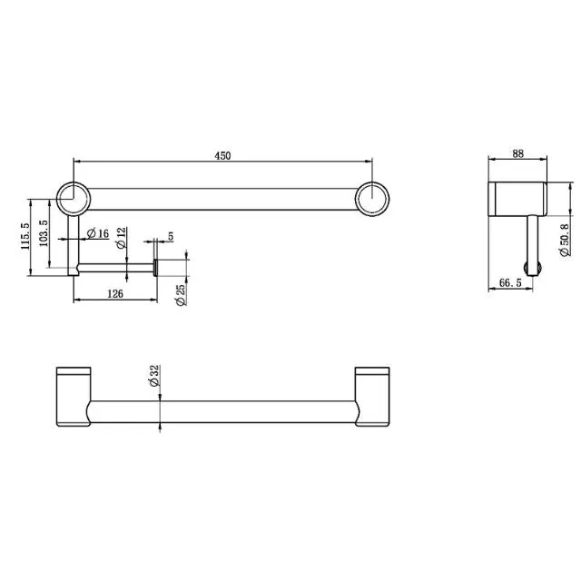 Nero Mecca Care 32mm Grab Rail With Toilet Roll Holder 450mm Matte Black