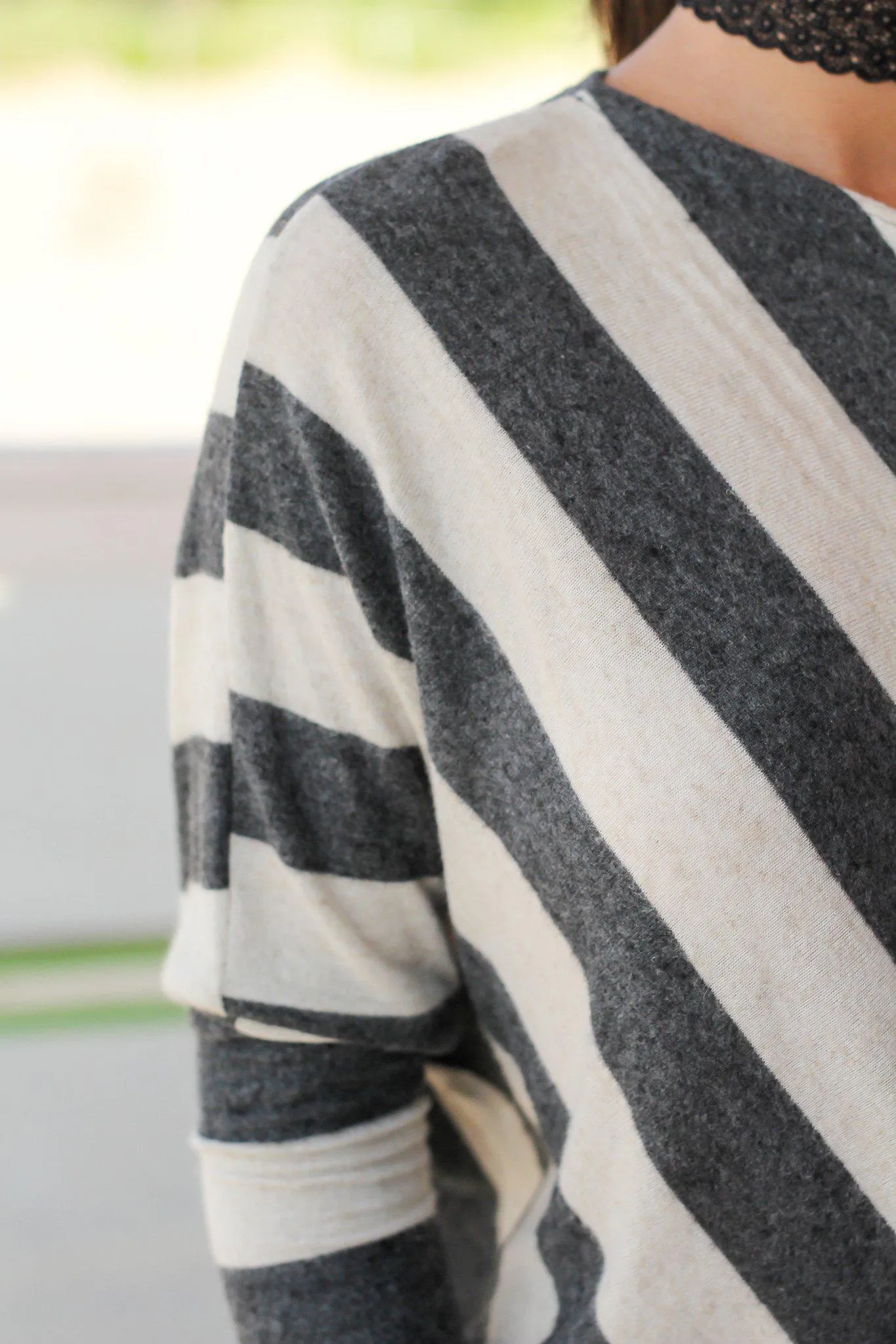 Oatmeal and Charcoal Striped Long Sleeve Top