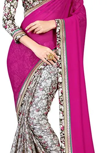 Oomph! Women's Georgette Sarees Party Wear/Fancy Georgette Sarees/Printed Georgette Sarees - Magenta &amp; Porpoise Grey