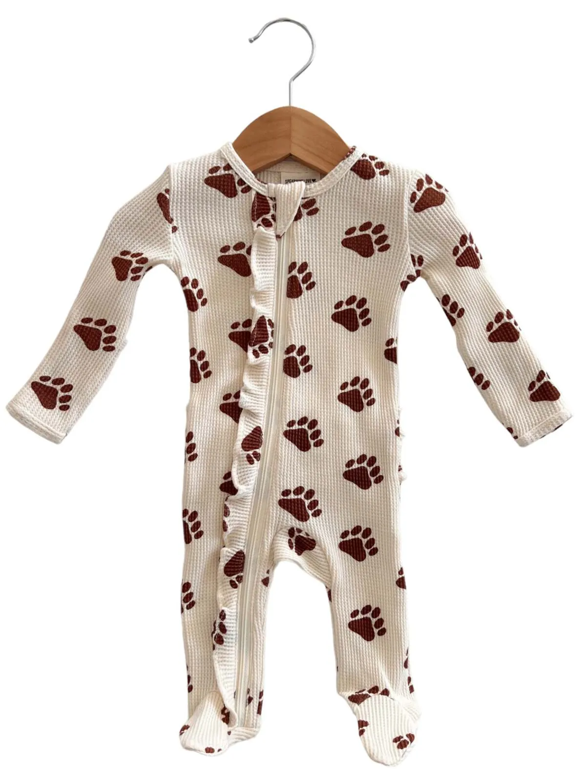 Organic Waffle Ruffle Zip Footie, Bear Paw