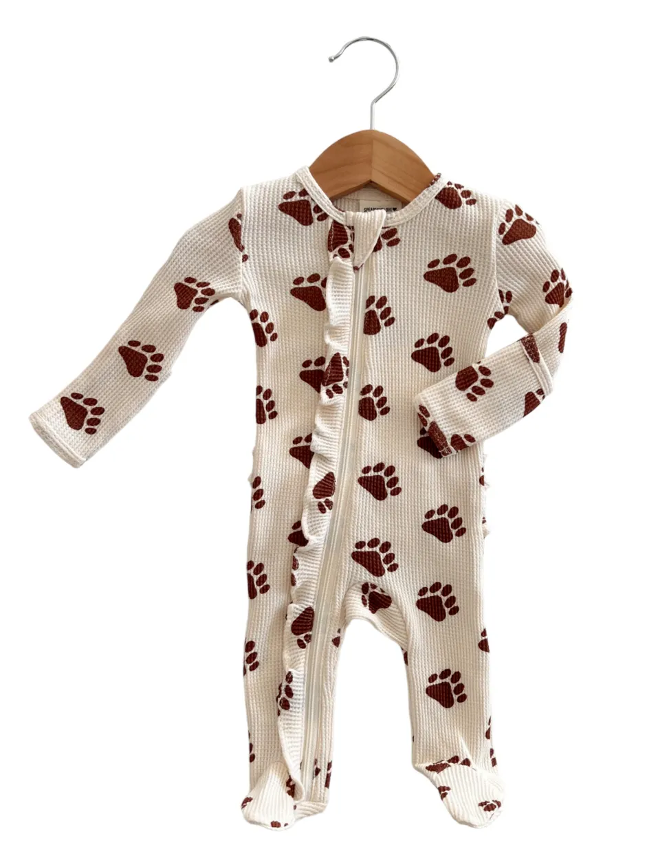 Organic Waffle Ruffle Zip Footie, Bear Paw