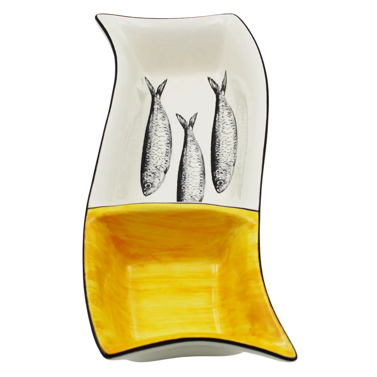 Portuguese Ceramic Divided Serving Dish with Sardine Design and Yellow Accent