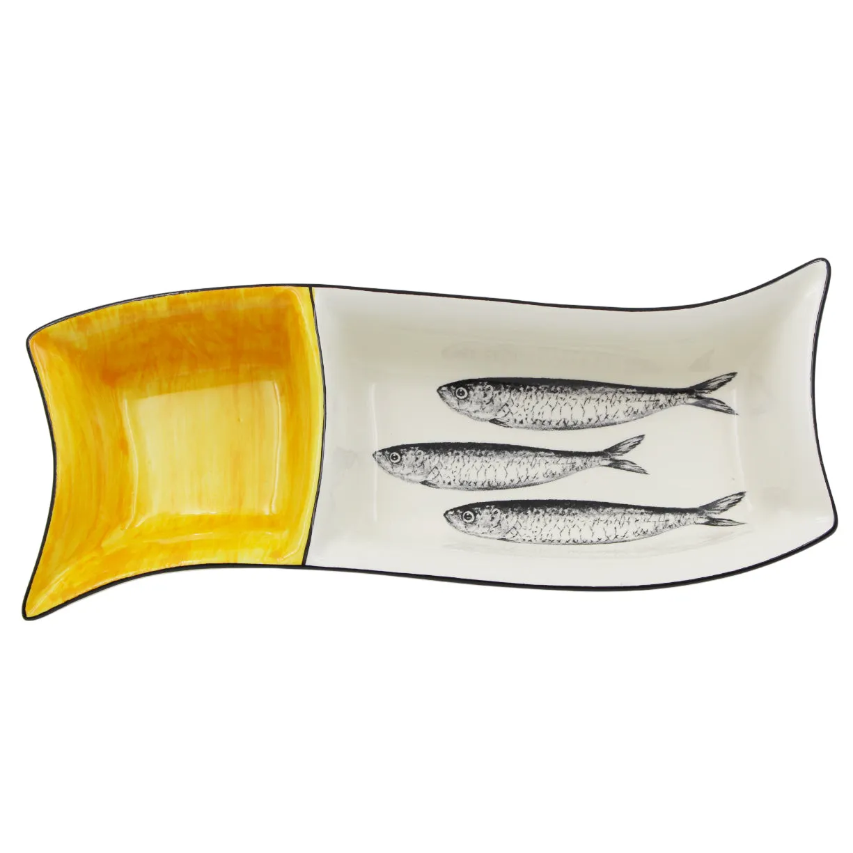 Portuguese Ceramic Divided Serving Dish with Sardine Design and Yellow Accent