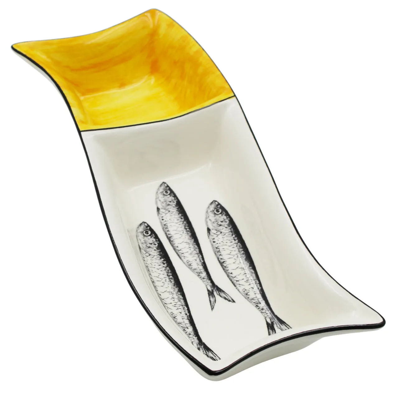 Portuguese Ceramic Divided Serving Dish with Sardine Design and Yellow Accent