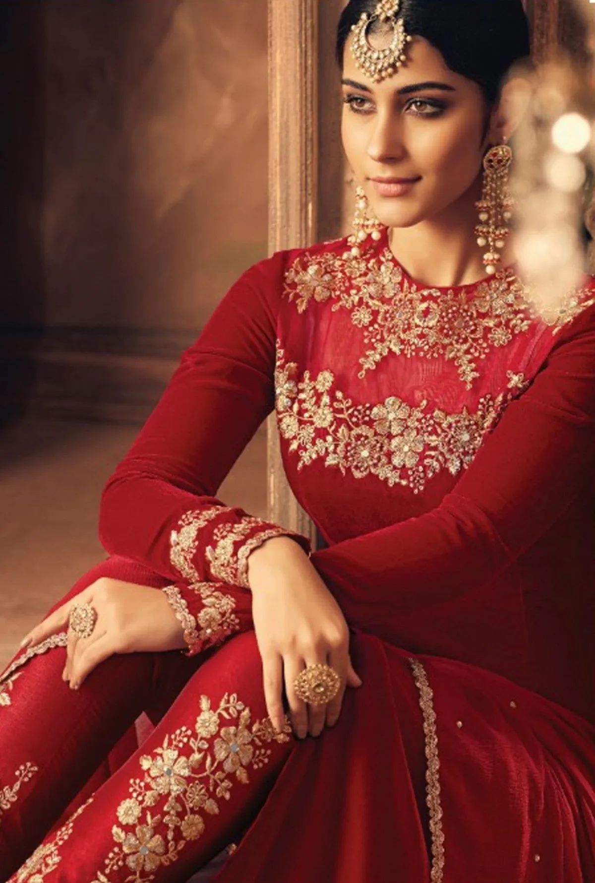 Red And Gold Traditional Embroidered Pant Suit