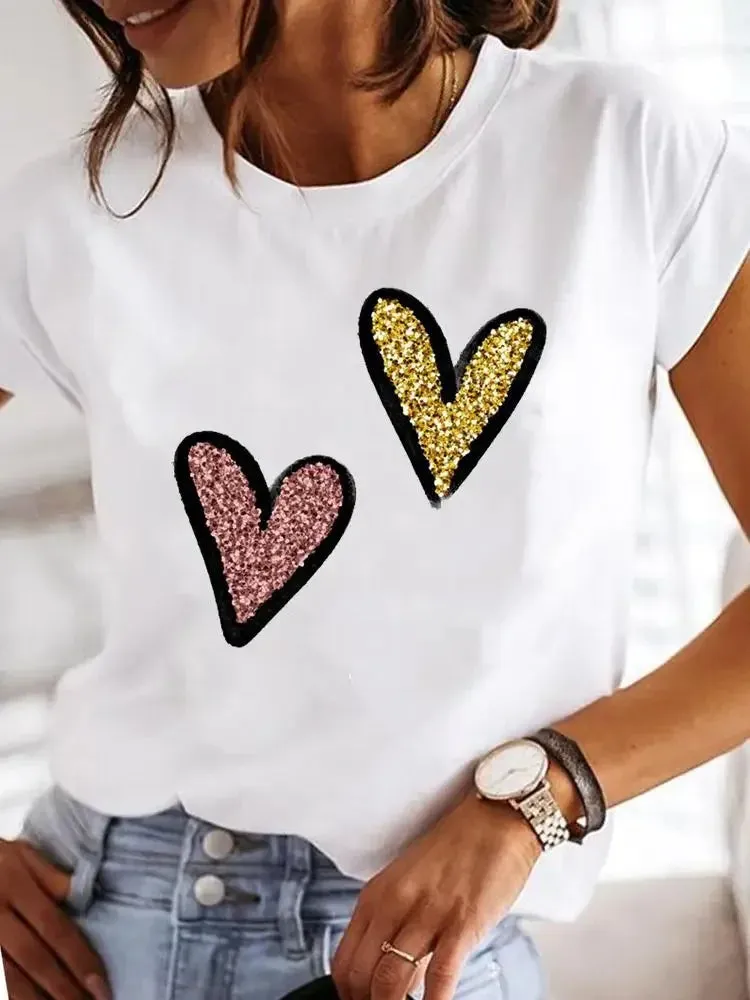 Round-Necked Love Pattern Summer Casual Fresh Blouse Women T-Shirt