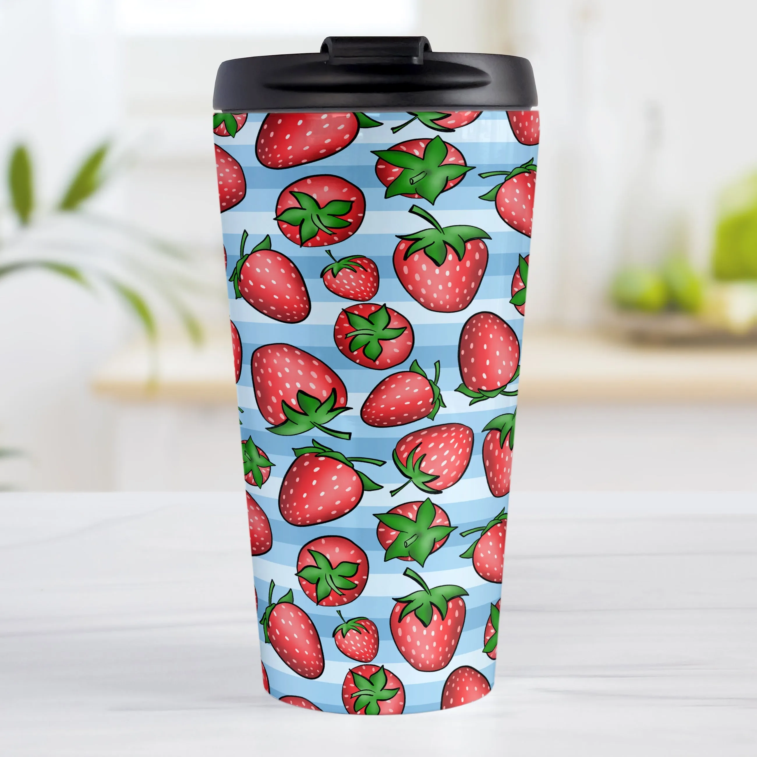 Strawberries on Blue Stripes Travel Mug