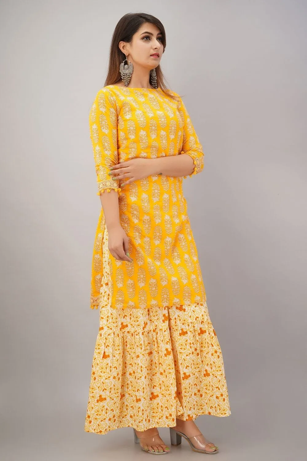 SVARCHI Women's Cotton Cambric Floral Printed Straight Kurta Sharara & Dupatta Set (Yellow)