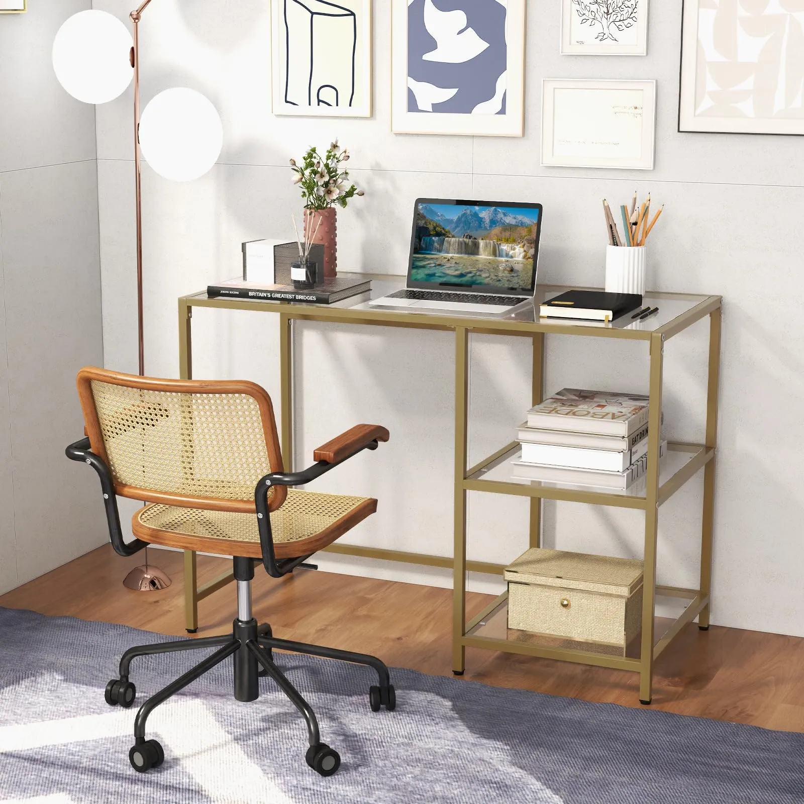 Tangkula Tempered Glass Computer Desk with 2-Tier Storage Shelves