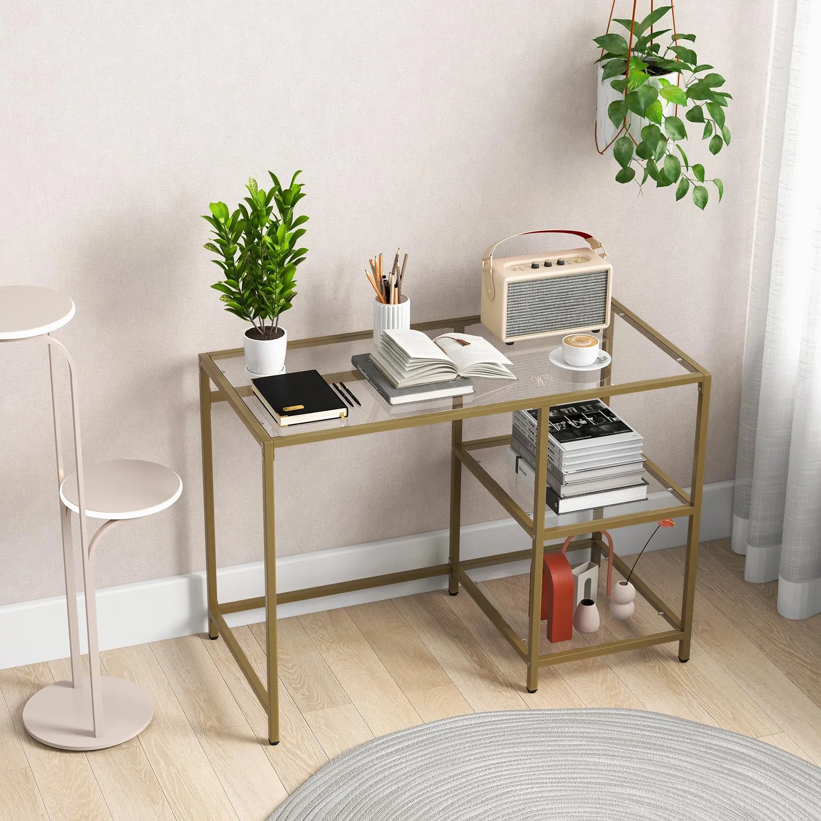 Tangkula Tempered Glass Computer Desk with 2-Tier Storage Shelves