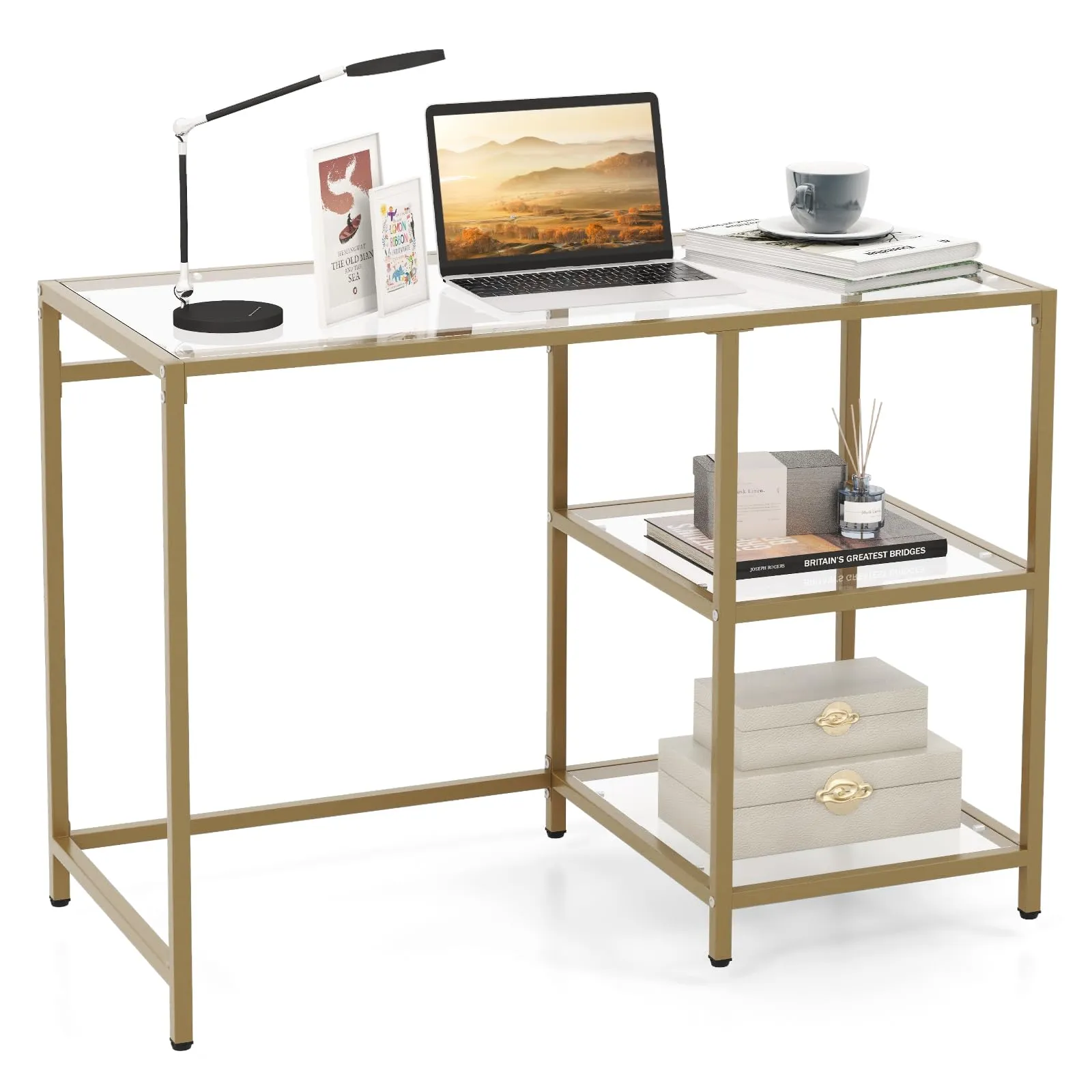 Tangkula Tempered Glass Computer Desk with 2-Tier Storage Shelves