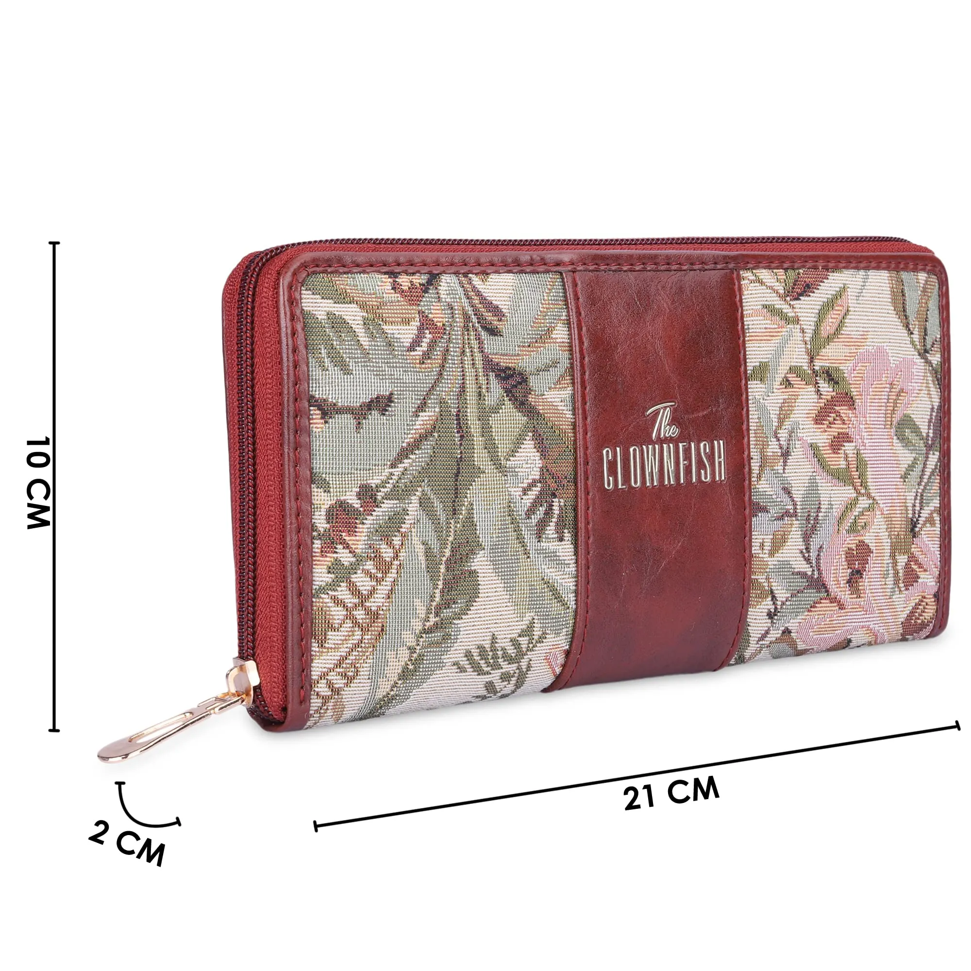 THE CLOWNFISH Aria Collection Tapestry Fabric & Faux Leather Zip Around Style Womens Wallet Clutch Ladies Purse with Card Holders (Beige)