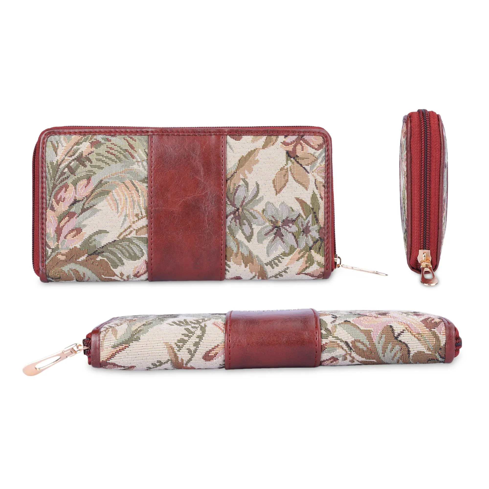 THE CLOWNFISH Aria Collection Tapestry Fabric & Faux Leather Zip Around Style Womens Wallet Clutch Ladies Purse with Card Holders (Beige)