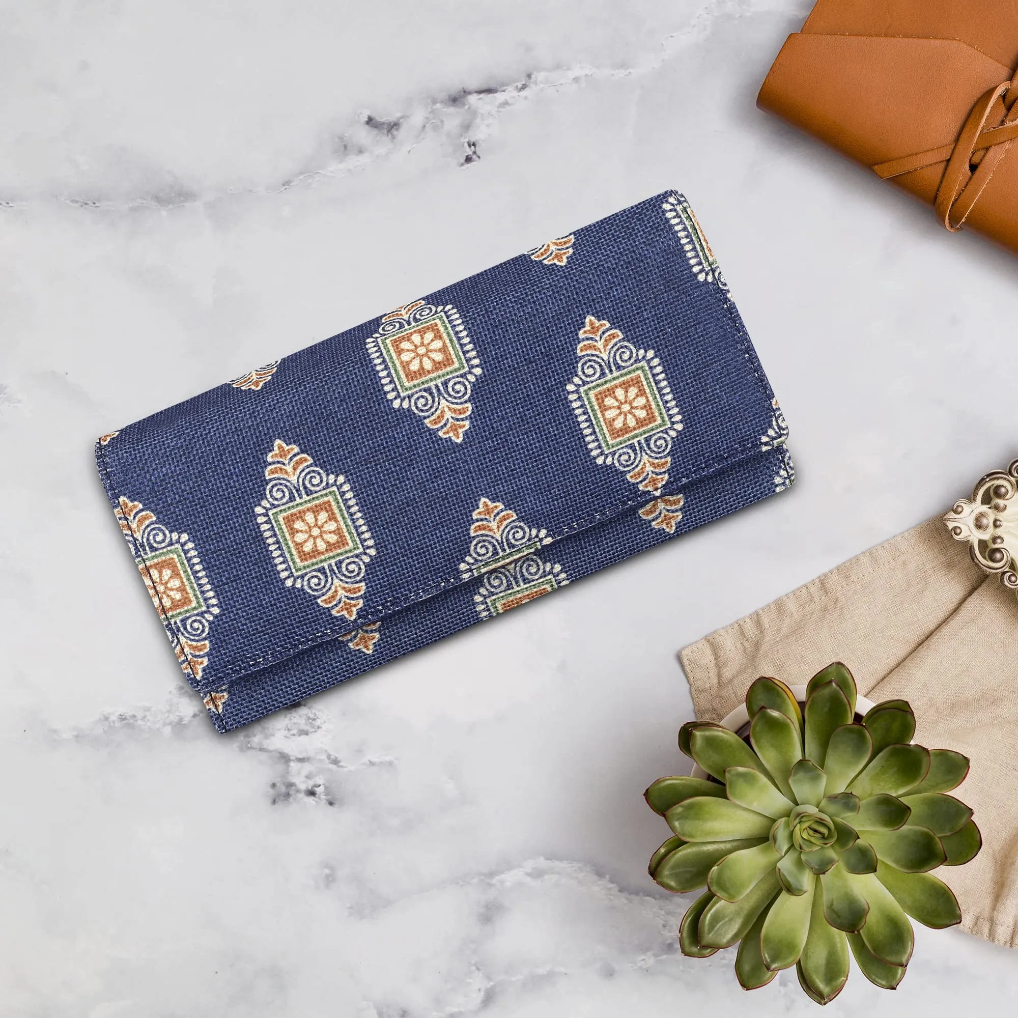 THE CLOWNFISH Charisma Collection Printed Handicraft Fabric & Faux Leather Womens Wallet Clutch Ladies Purse with Multiple Card Slots (Dark Blue)