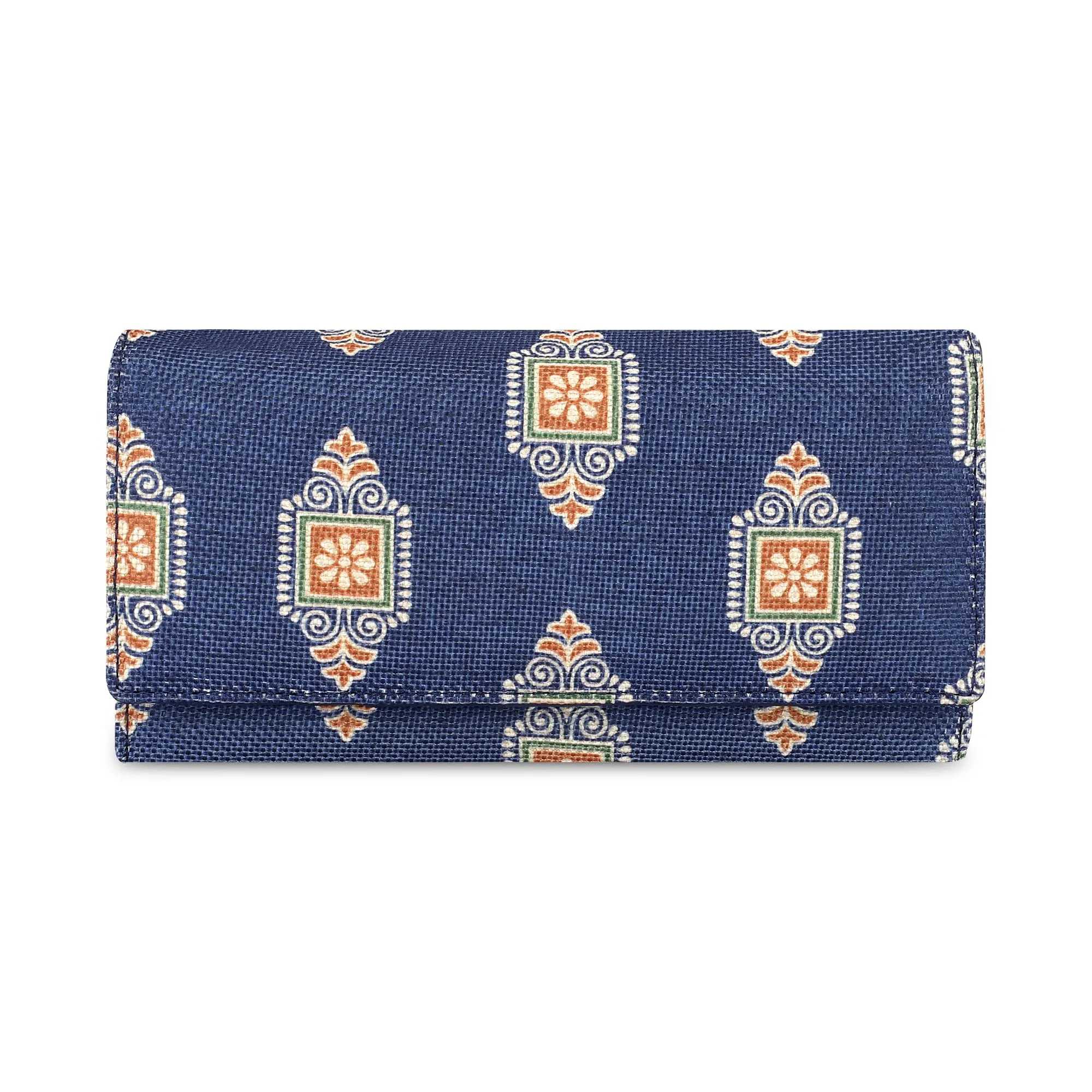 THE CLOWNFISH Charisma Collection Printed Handicraft Fabric & Faux Leather Womens Wallet Clutch Ladies Purse with Multiple Card Slots (Dark Blue)