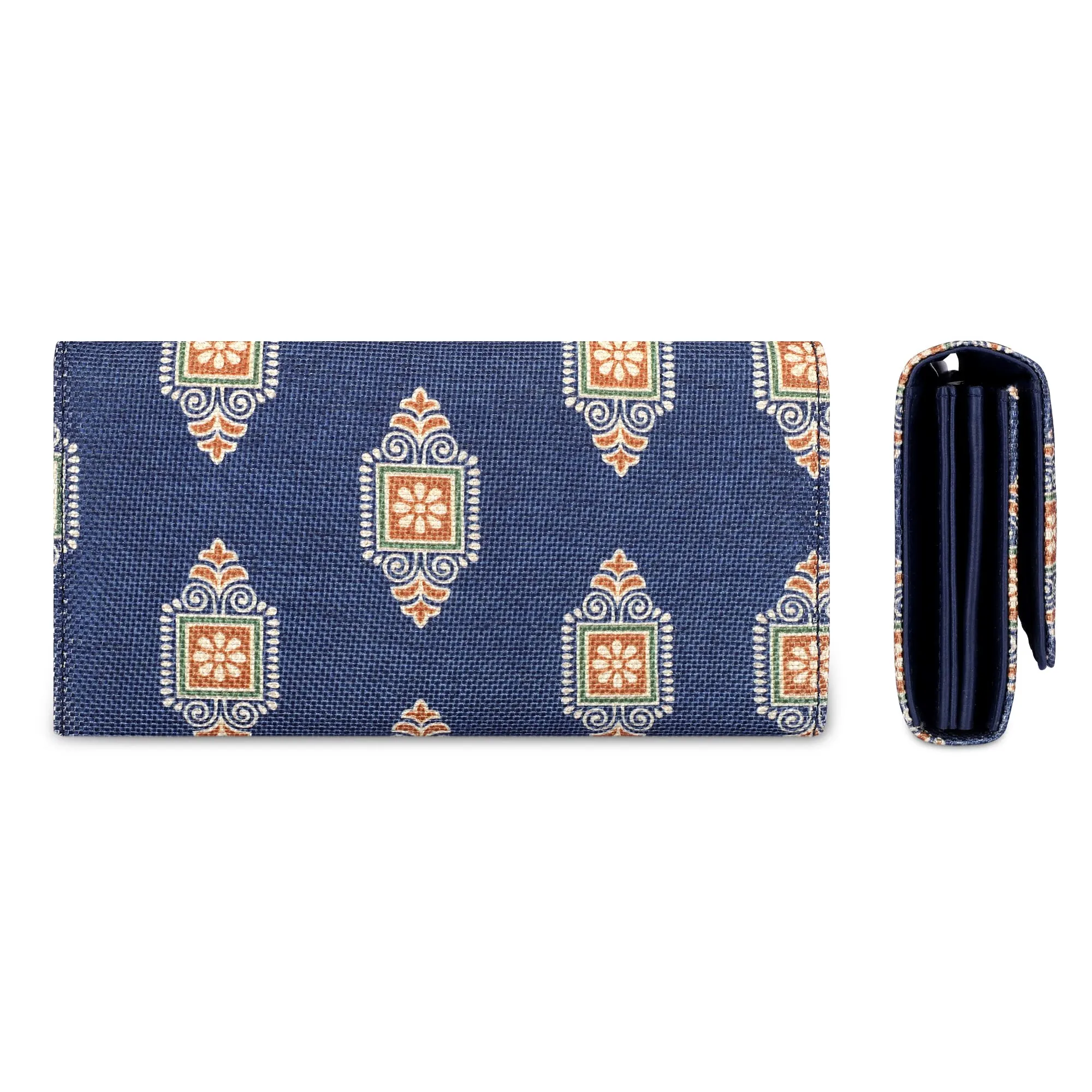 THE CLOWNFISH Charisma Collection Printed Handicraft Fabric & Faux Leather Womens Wallet Clutch Ladies Purse with Multiple Card Slots (Dark Blue)