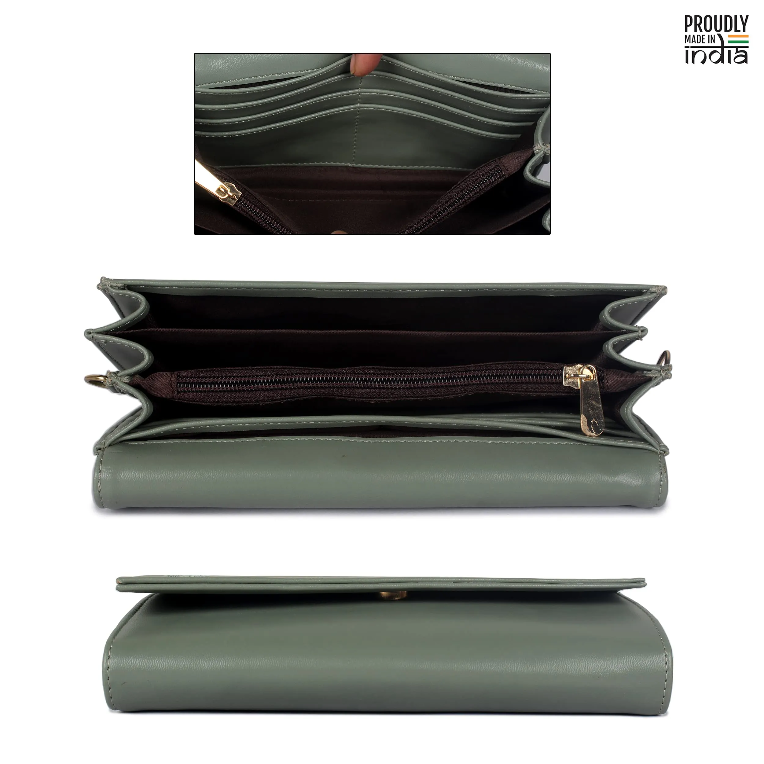 THE CLOWNFISH Ivana Series Womens Wallet Clutch Ladies Purse Sling Bag with multiple card slots (Olive Green)