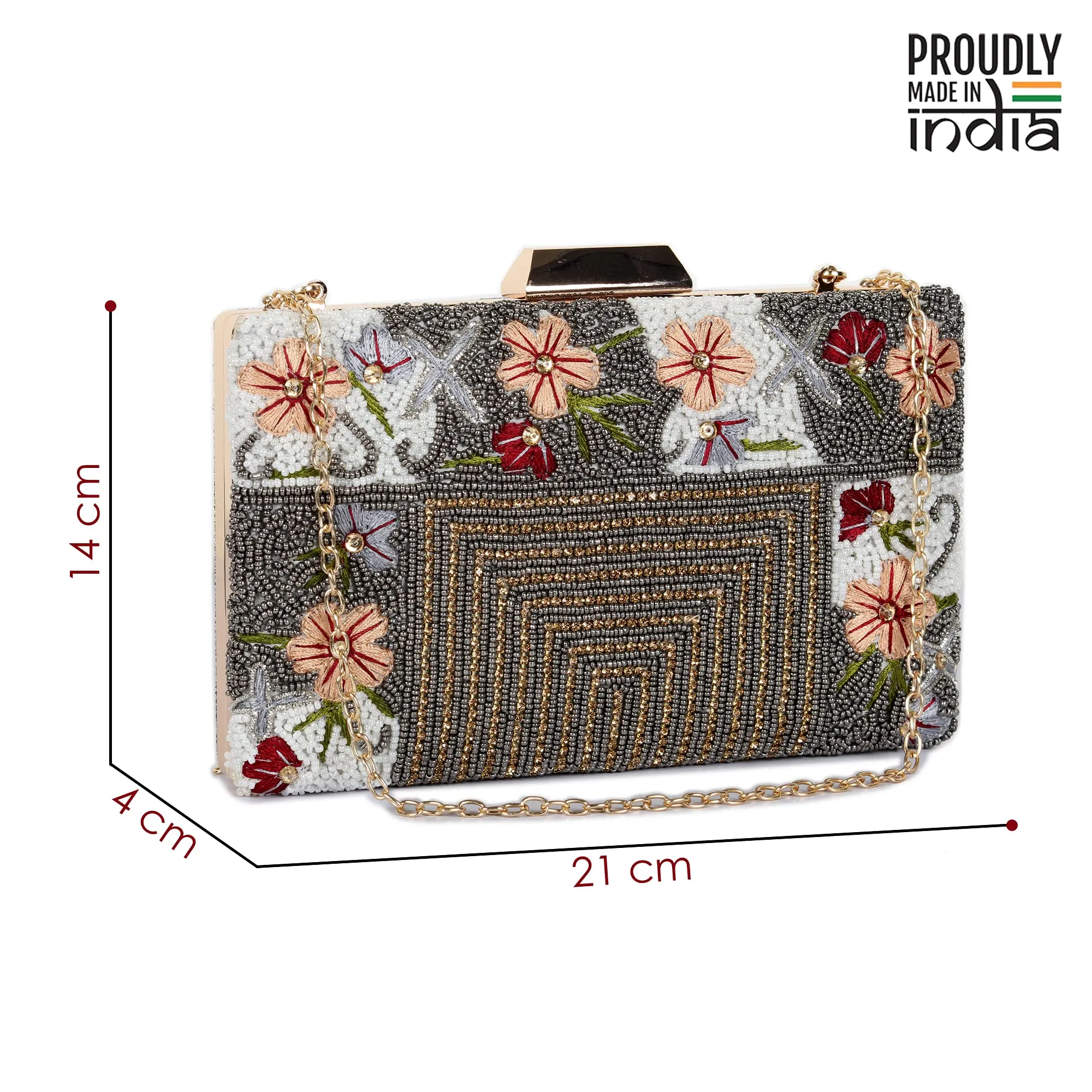 THE CLOWNFISH Senorita Collection Womens Party Clutch Ladies Wallet Evening Bag with Fashionable Beads Work and Floral Embroidered Design (Grey)