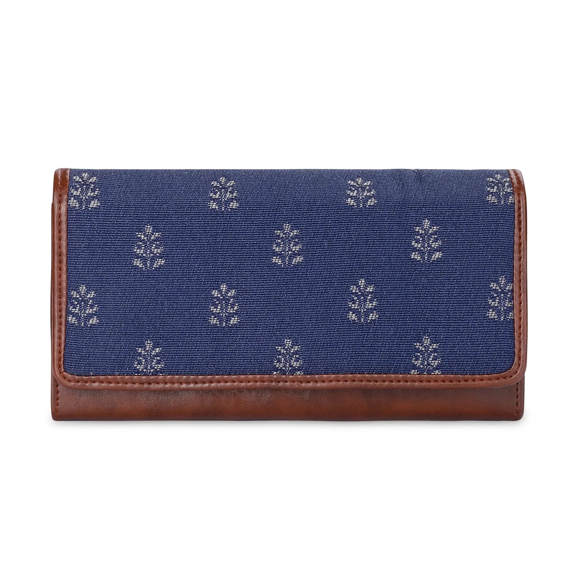 THE CLOWNFISH Sharon Collection Tapestry Fabric & Faux Leather Snap Flap Closure Womens Wallet Clutch Ladies Purse with Multiple Card Holder (Denim Blue)