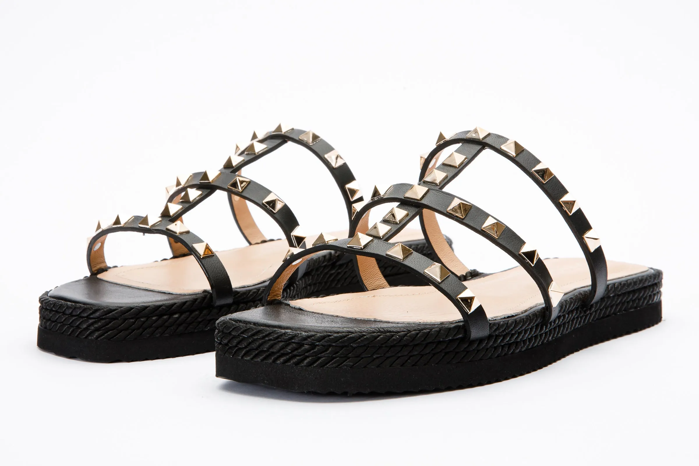 The Seul Black Leather Multi Strap Flat Women Sandal