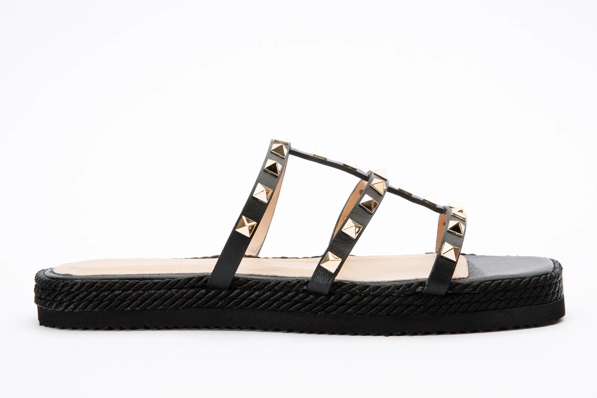 The Seul Black Leather Multi Strap Flat Women Sandal