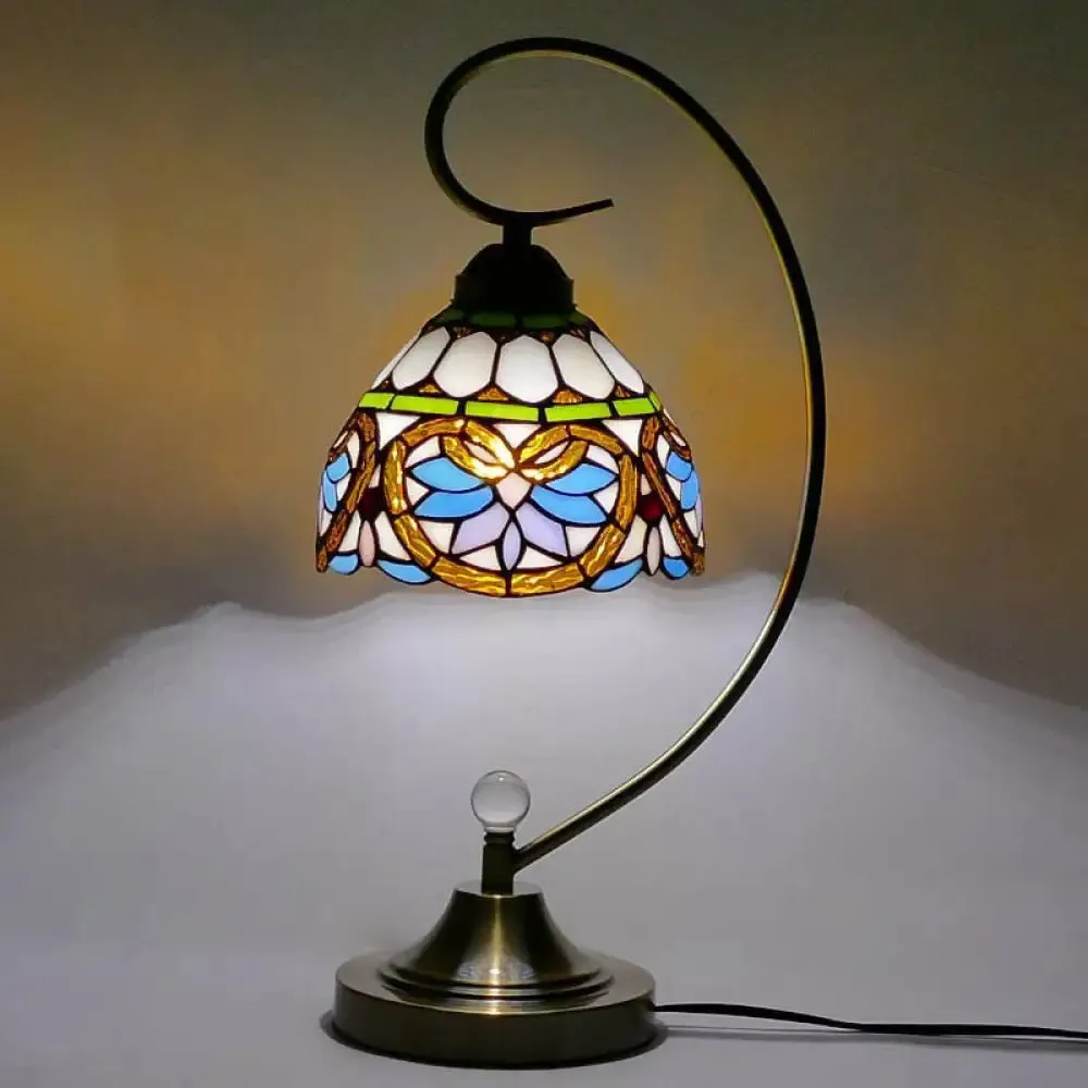 Tiffany Gooseneck Table Lamp - Metal Nightstand Light with Hand-Cut Glass Shade