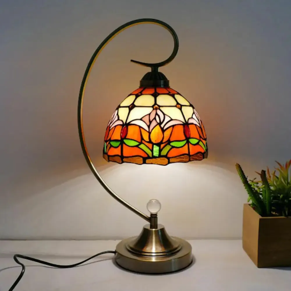 Tiffany Gooseneck Table Lamp - Metal Nightstand Light with Hand-Cut Glass Shade