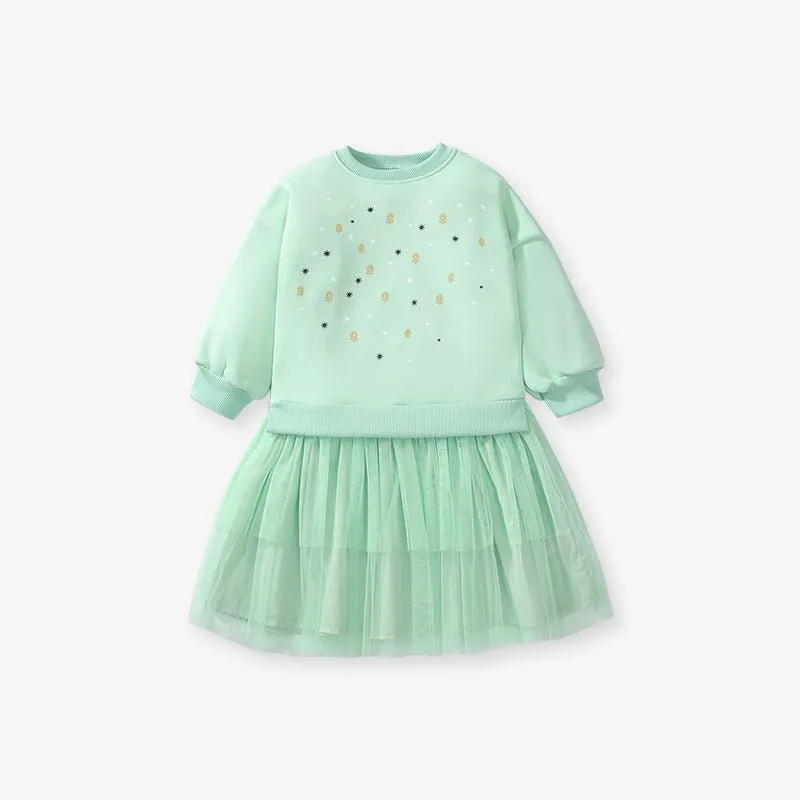 Toddler/Kid Girl's Long Sleeve Flowers and Stars Design Dress