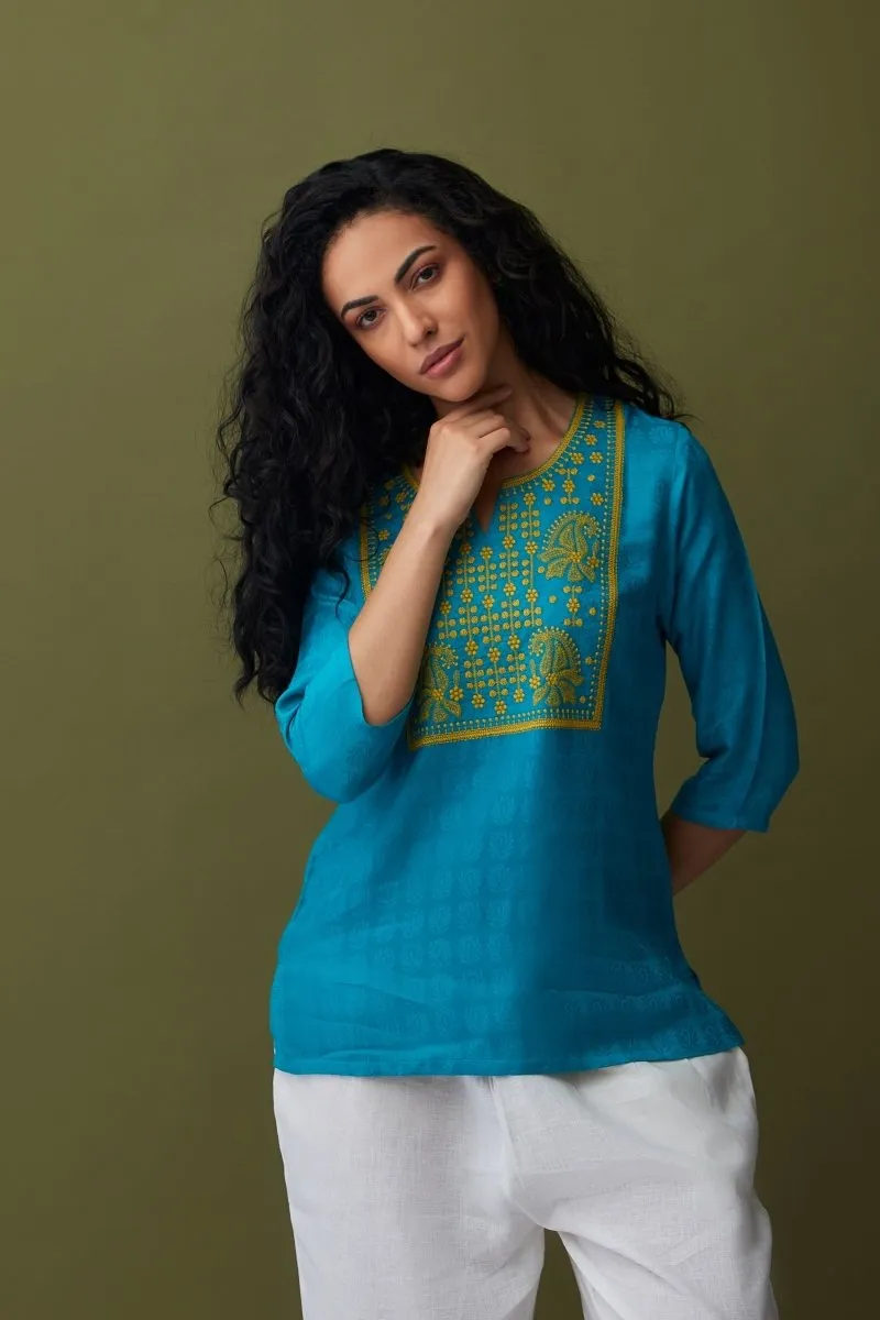 Turquoise Jacquard Embroidered Tunic