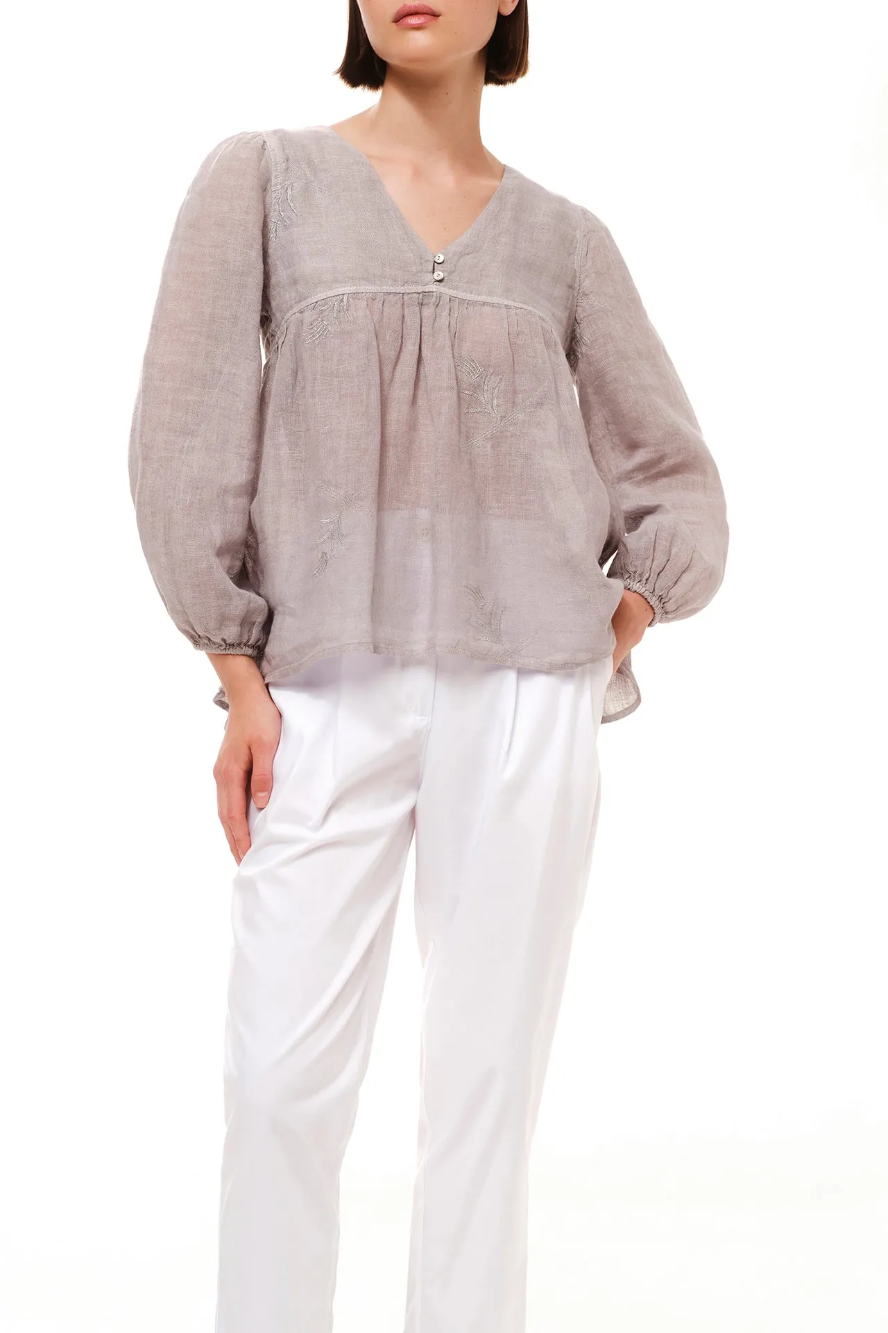 V-Neckline Embroidered Linen Gauze Blouse Grey