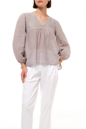 V-Neckline Embroidered Linen Gauze Blouse Grey