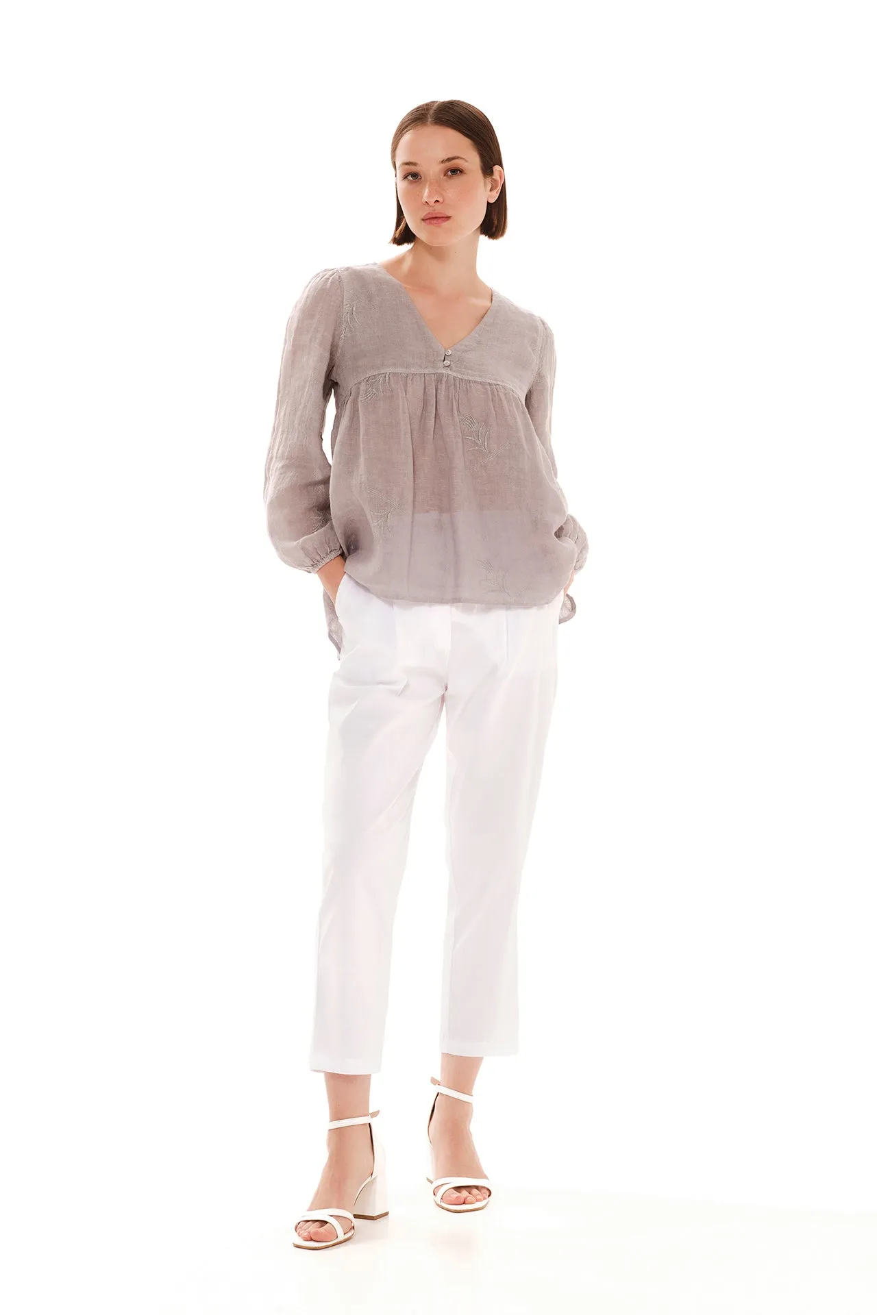 V-Neckline Embroidered Linen Gauze Blouse Grey