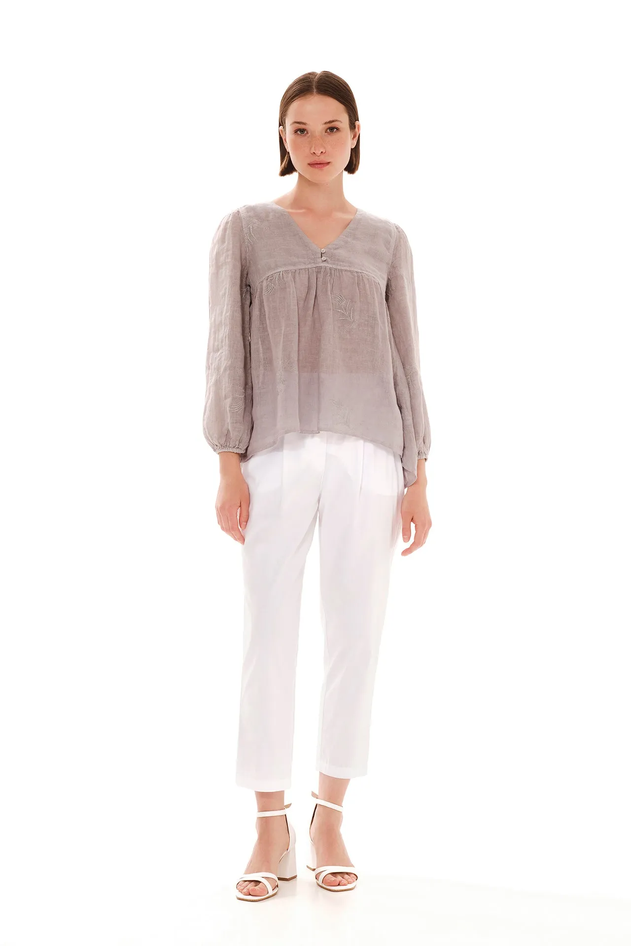 V-Neckline Embroidered Linen Gauze Blouse Grey