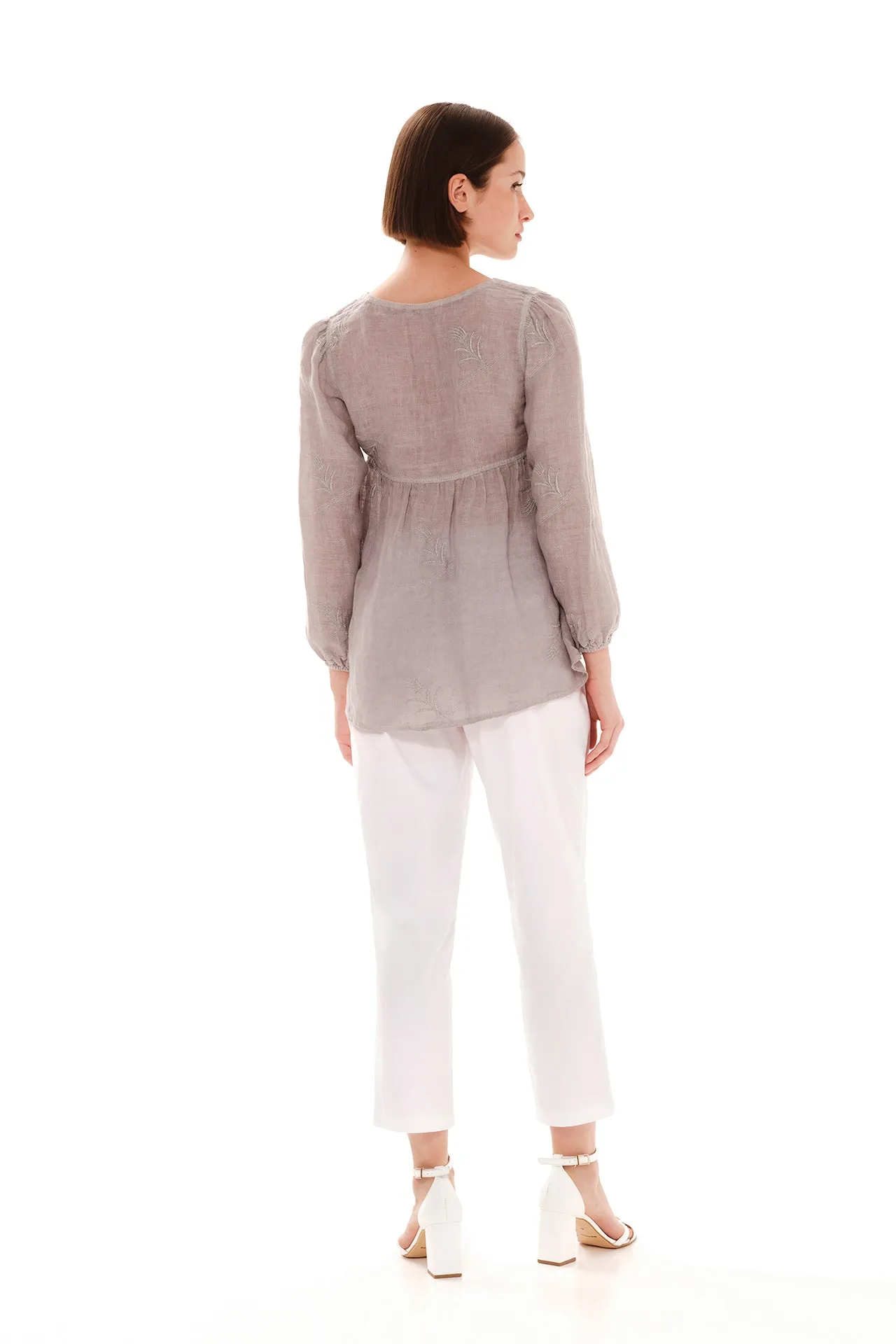 V-Neckline Embroidered Linen Gauze Blouse Grey