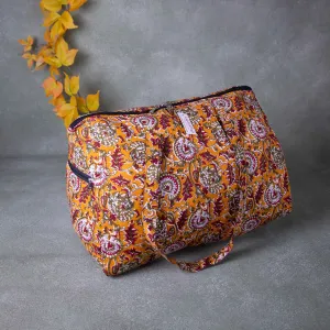 Weekender Travel Bag Mustered Yellow Colour with Red Flower Printed Design.