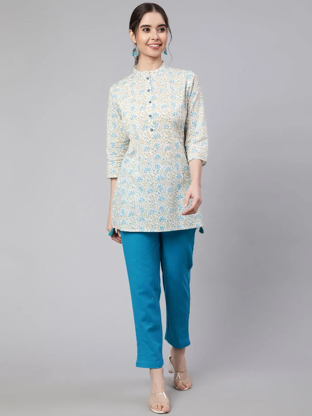 White Printed Cotton Straight Short Kurta With Turquoise Pants