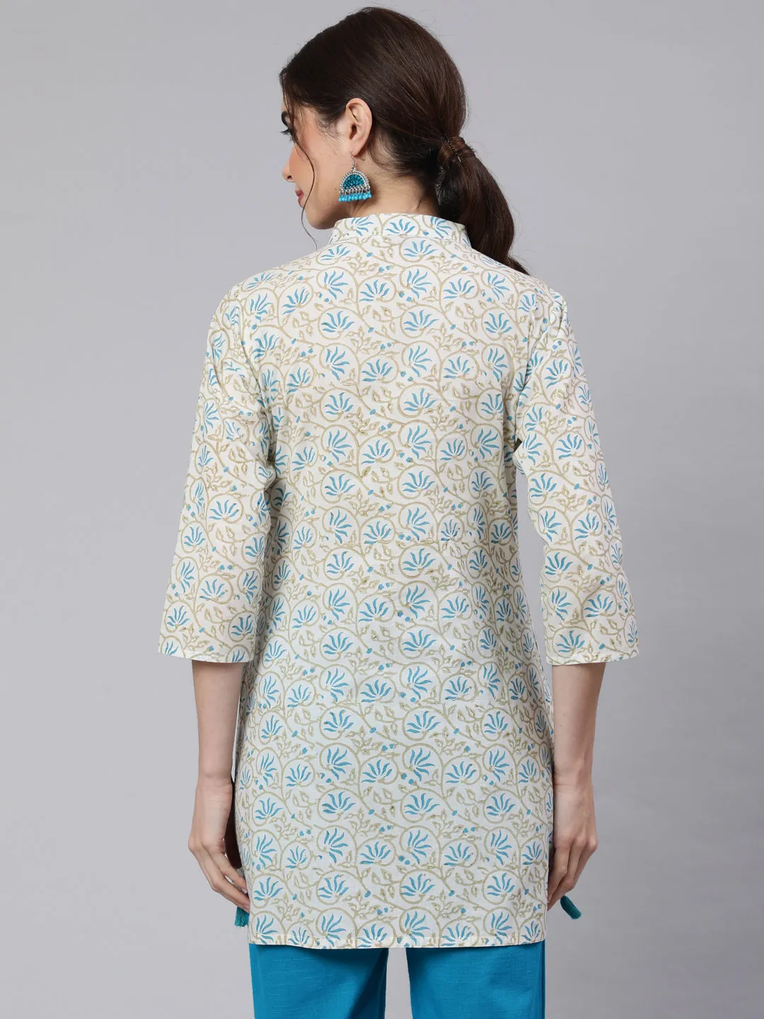 White Printed Cotton Straight Short Kurta With Turquoise Pants