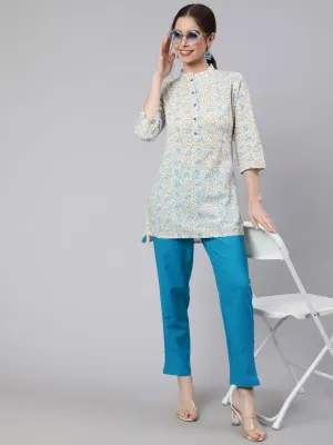 White Printed Cotton Straight Short Kurta With Turquoise Pants