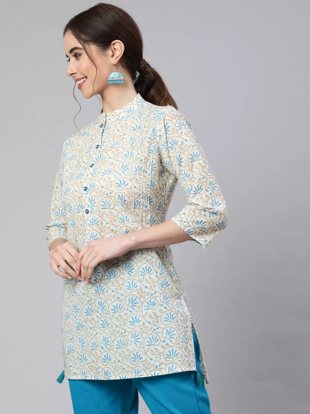 White Printed Cotton Straight Short Kurta With Turquoise Pants