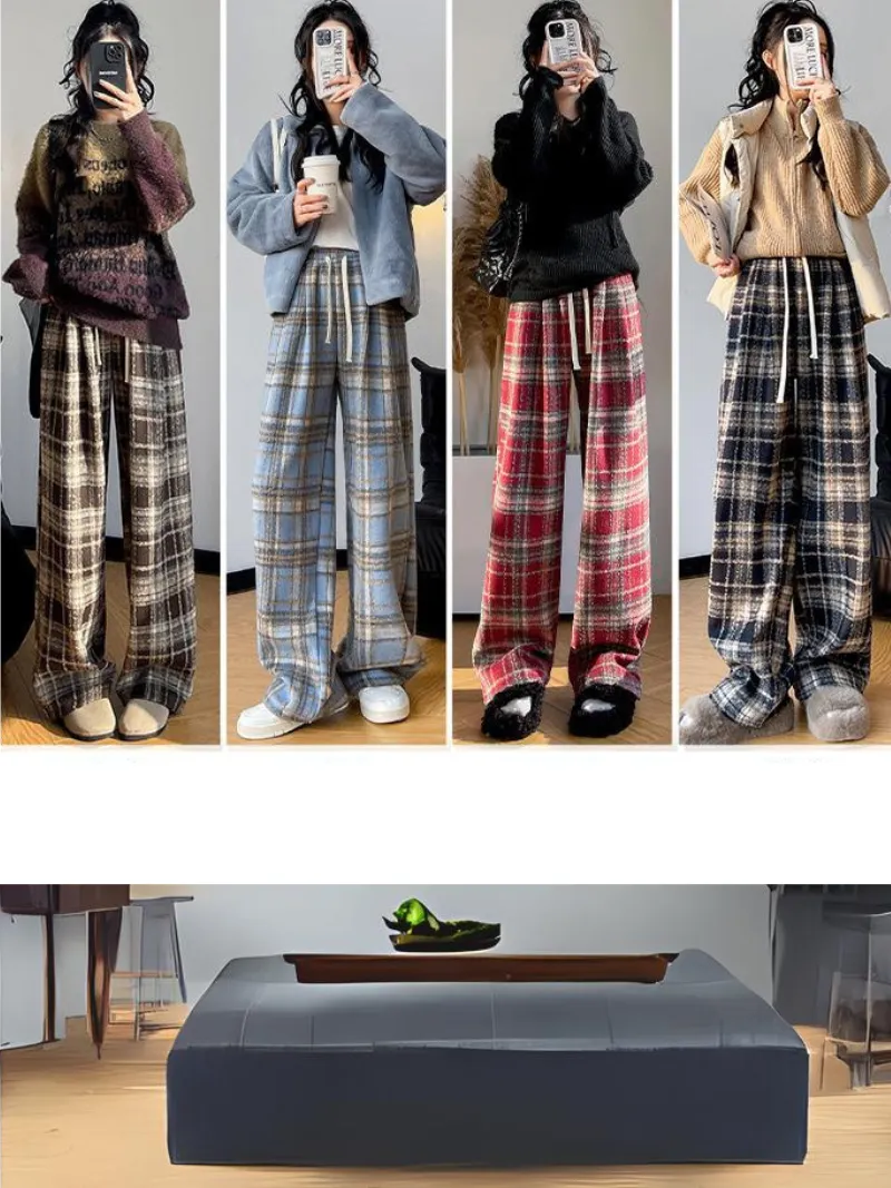 Women's Casual Stylish Plaid Wide-Leg Pants Bottom