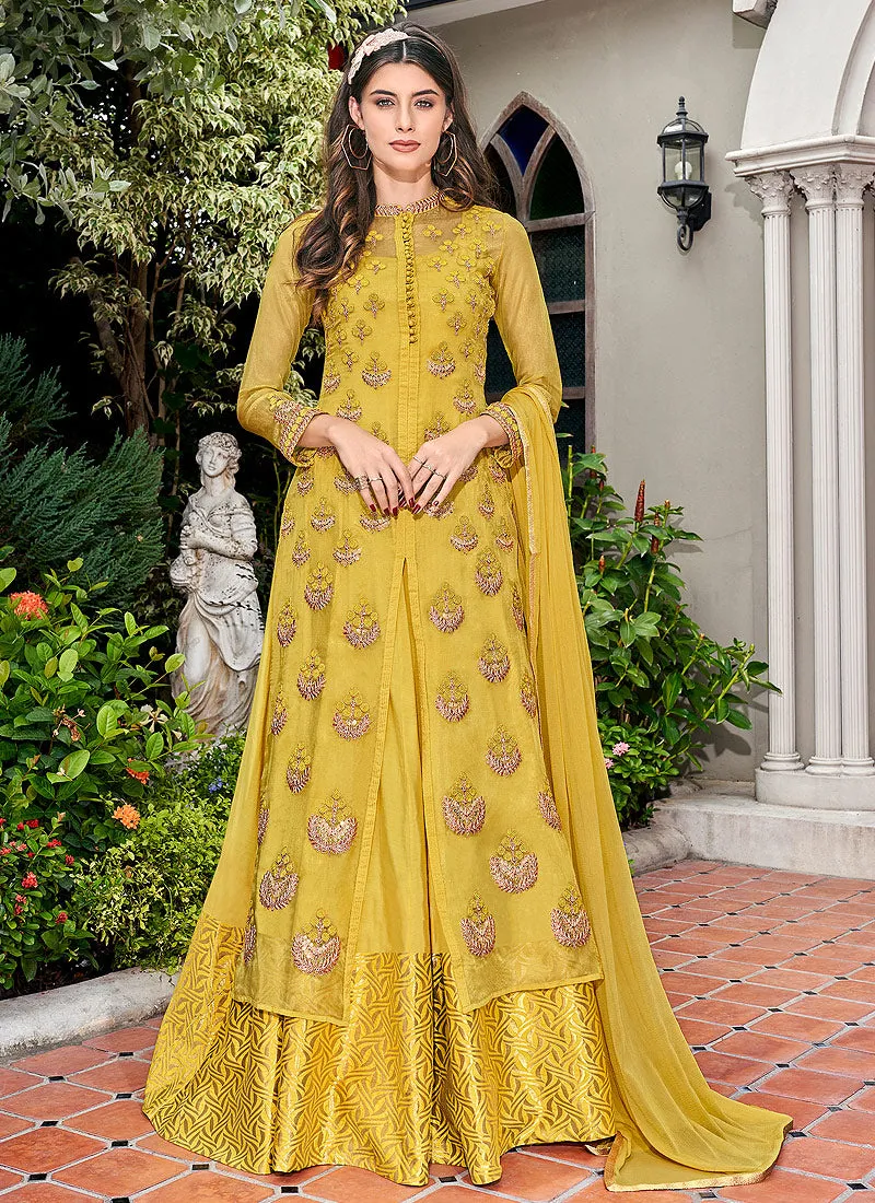 Yellow Golden Embroidered Jacket Style Anarkali Suit Set